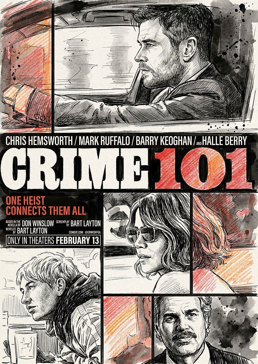 Illustrative style Crime 101 movie poster featuring Chris Hemsworth, Mark Ruffalo, Barry Keoghan, and Halle Berry